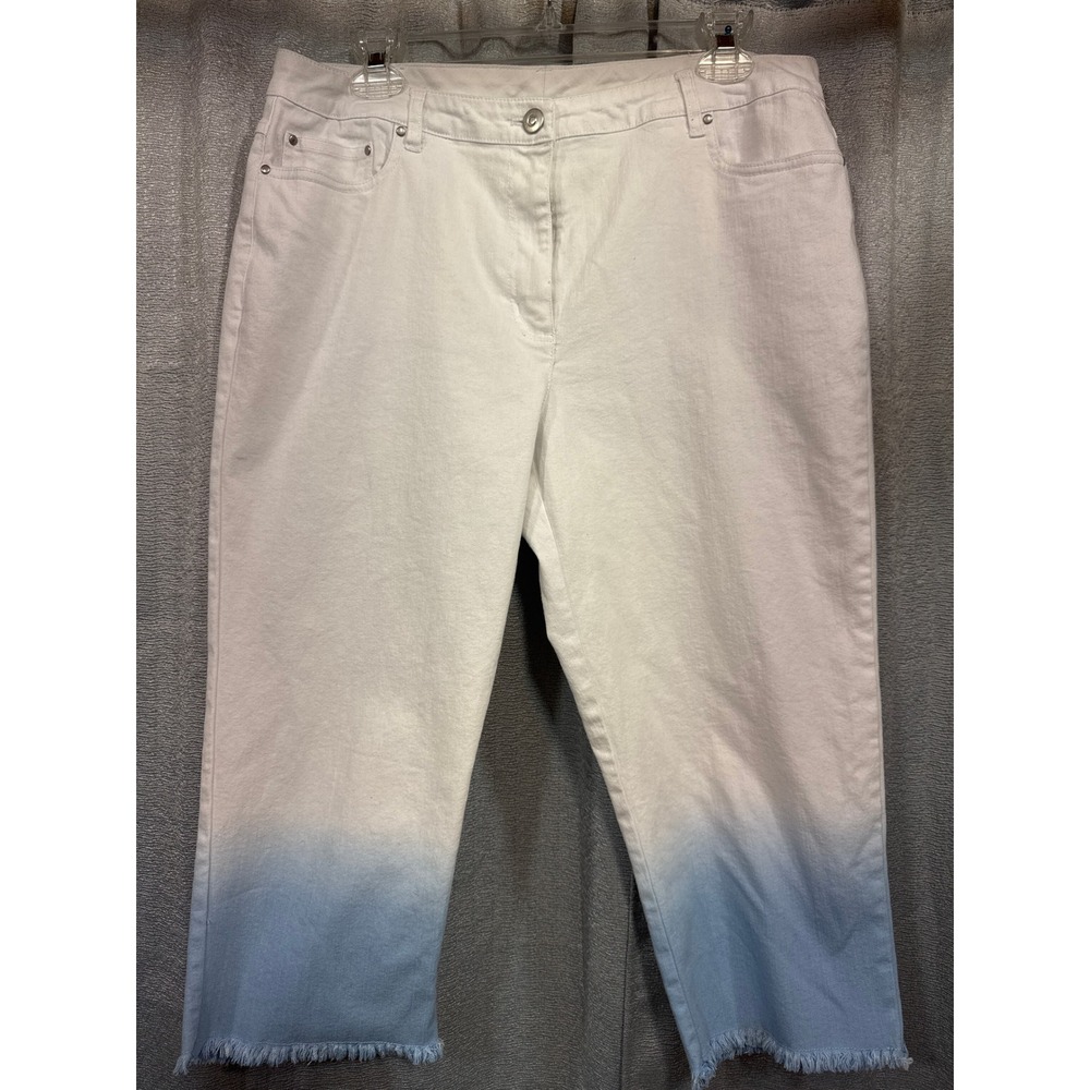 Ruby Rd Petite Ombre Dip Dye Cropped Jeans White Blue Raw Hem 14P‎ 15304